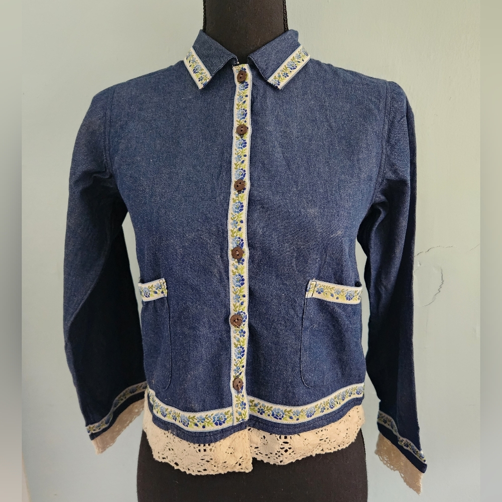 Vintage Cornelloki 100% Cotton Floral Trim Denim Jacket Kids 9/10
